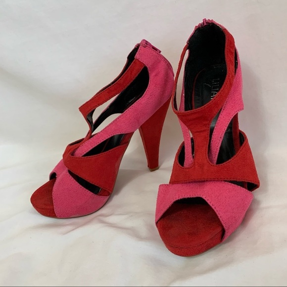 Liliana Red suede red pink straps hidden platform heel sandals duo tone peep toe - Picture 12 of 16
